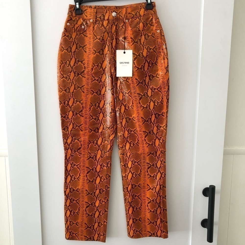 Grlfrnd Orange Snake Print Leather Straight Leg Pants 26 - Picture 4 of 13
